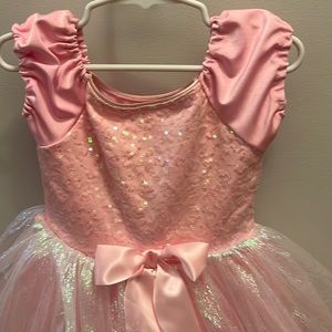 Pink leotard with a sequin top and mesh skirt with with a bow.